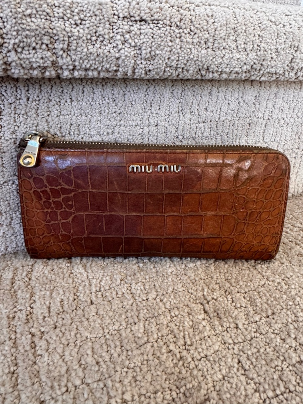 Miu Miu Brown Croc-Embossed Long Zip Wallet with Gold Hardware